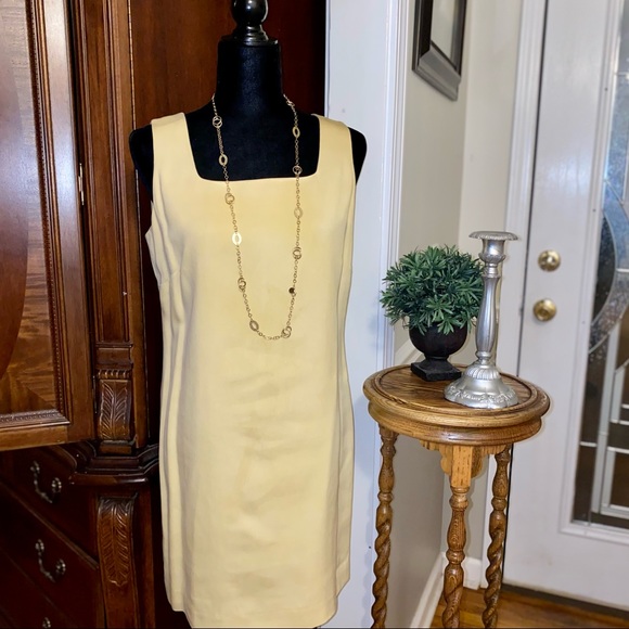 100% SILK | ANN TAYLOR LOFT VINTAGE | Yellow Sleeveless Square Neck Sheath dress - Picture 2 of 9
